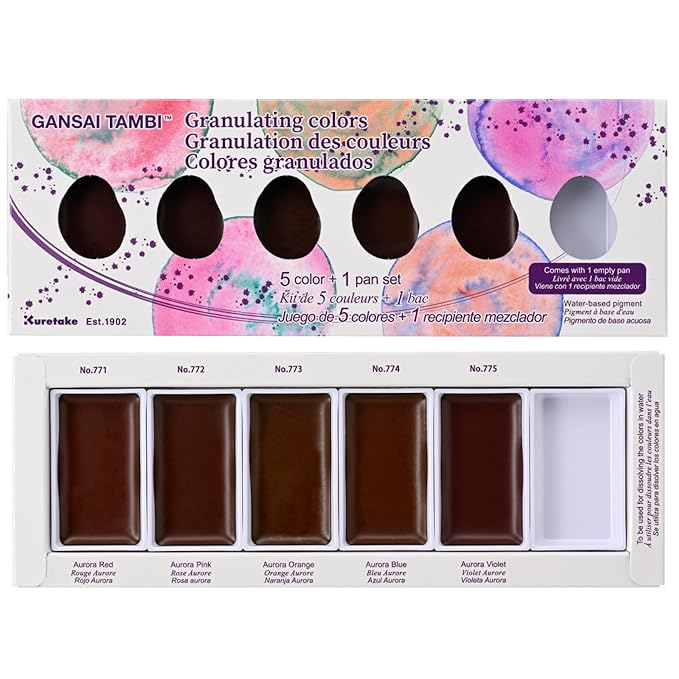 KURETAKE, Watercolour - Gansai Tambi | Granulating Colors | 5 Color + 1 Pan Set.