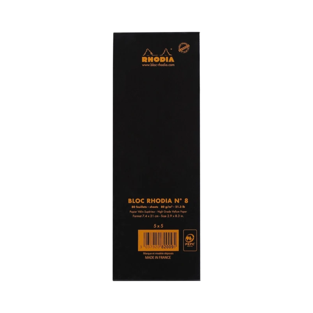 RHODIA, Paper Pad - N° 8 | Checked | Black Cover | 80 Sheets | 5 x 5.