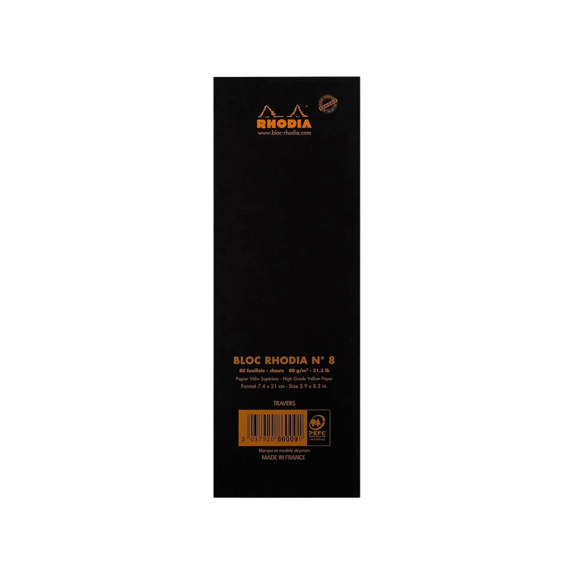 RHODIA, Paper Pad - N° 8 | Lined | Black Cover | 80 Sheets | Travers