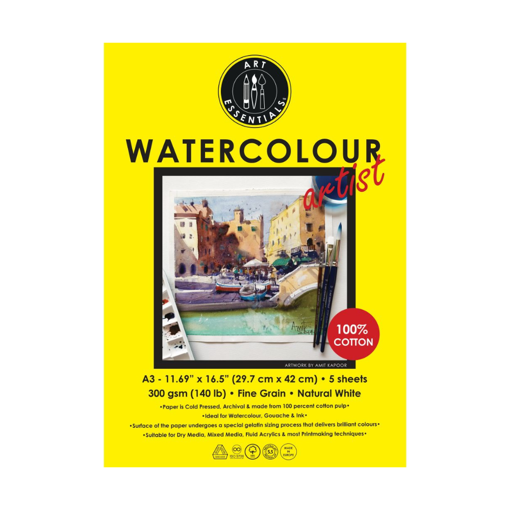 ART ESSENTIALS, Water Colour - A3 | 5 Sheets | Fine Grain | Natural White | 300 gsm.