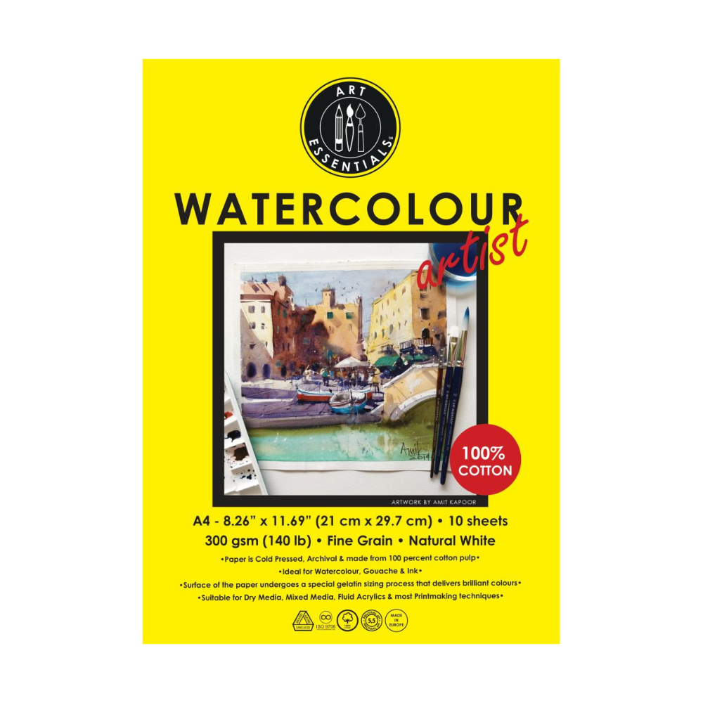 ART ESSENTIALS, Water Colour - A4 | 10 Sheets | Loose Sheets | Natural White | 300 gsm.