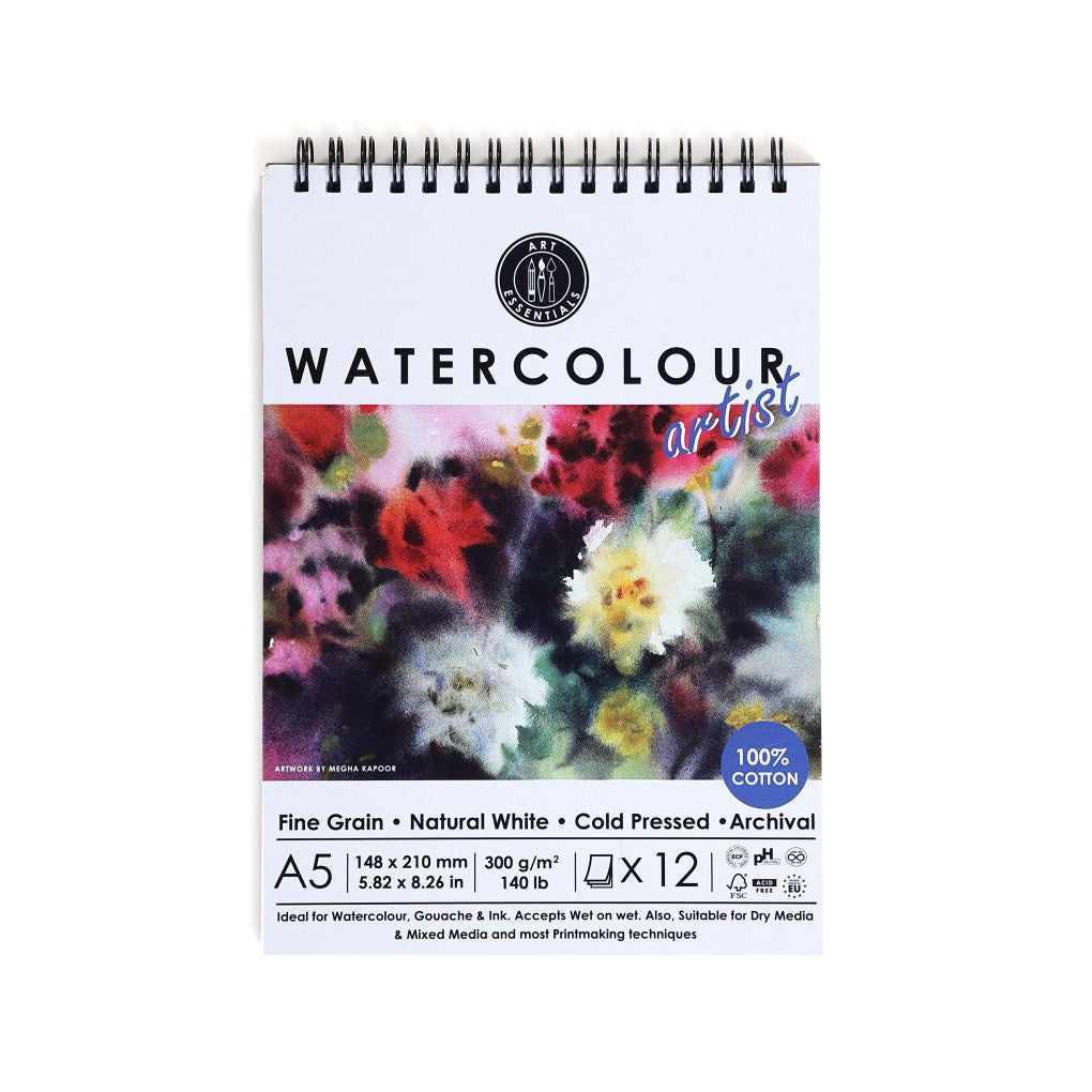 ART ESSENTIALS, Water Colour Pad - Artist - A5 | 12 Sheets | Spiral | Natural White | 300 gsm.