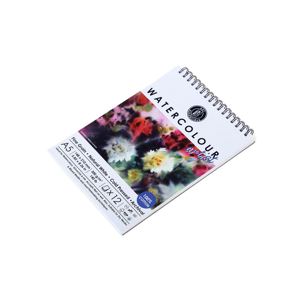 ART ESSENTIALS, Water Colour Pad - Artist - A5 | 12 Sheets | Spiral | Natural White | 300 gsm.