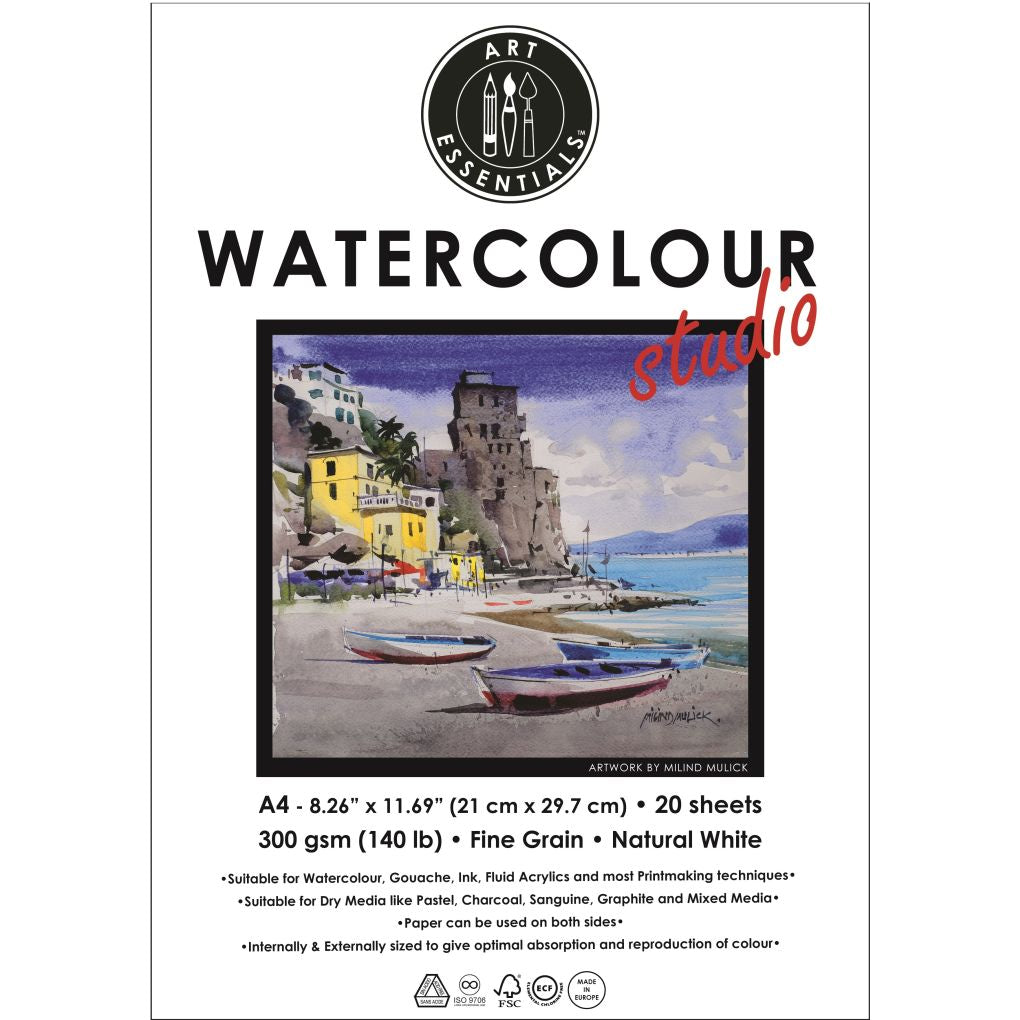 ART ESSENTIALS, Water Colour Pad - Studio - 20 Sheets | Spiral | Natural White | 300 gsm.