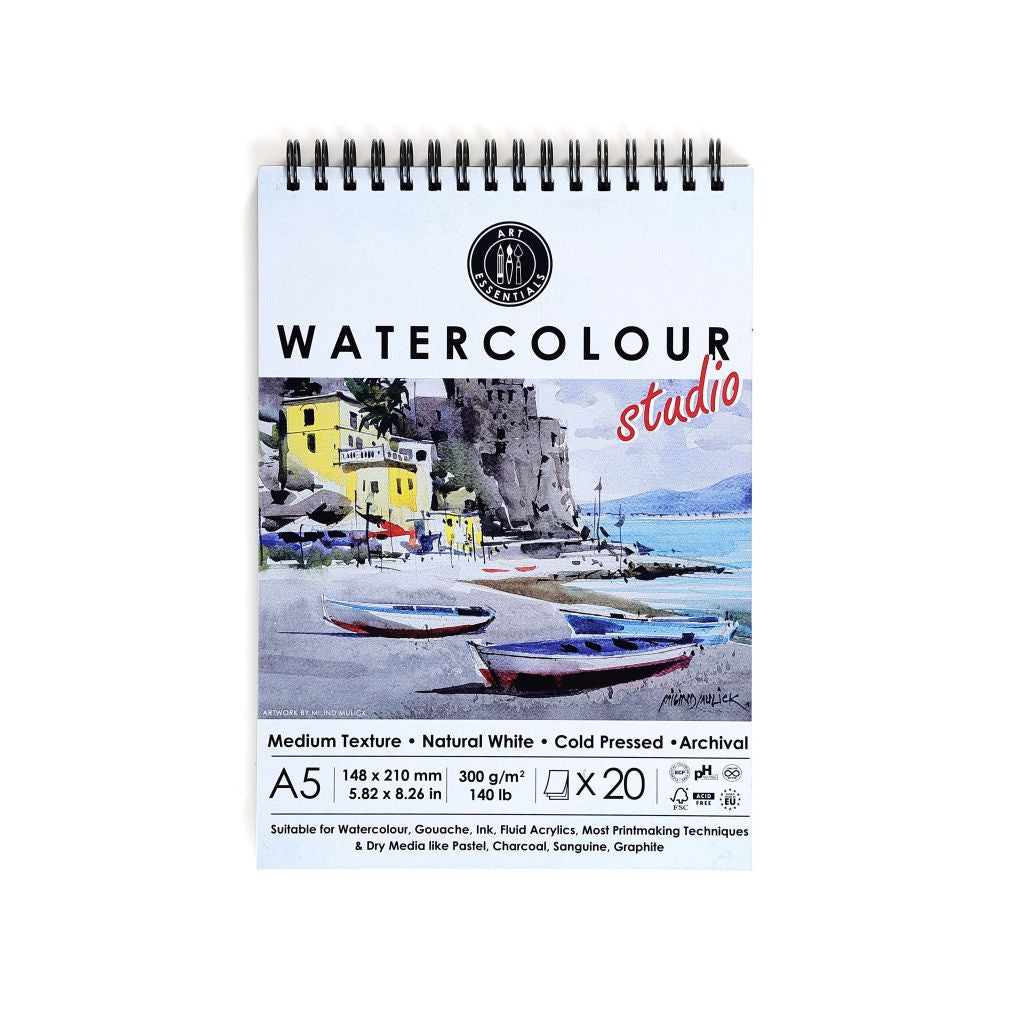 ART ESSENTIALS, Water Colour Pad - Studio - 20 Sheets | Spiral | Natural White | 300 gsm.