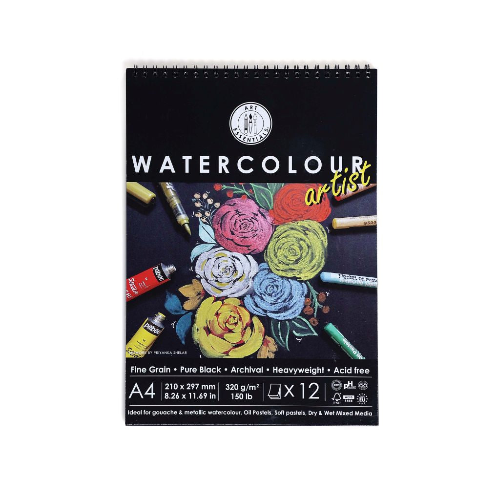 ART ESSENTIALS, Watercolour Pad - 12 Sheets | Black Paper | 320 gsm.