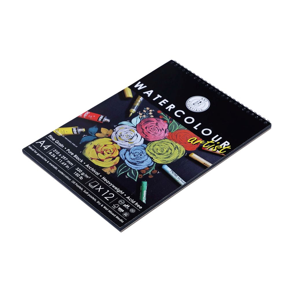 ART ESSENTIALS, Watercolour Pad - 12 Sheets | Black Paper | 320 gsm.