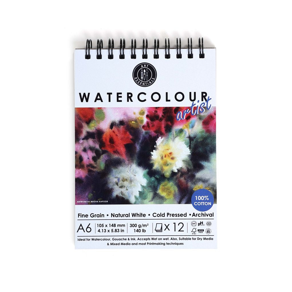 ART ESSENTIALS, Watercolour Pad - A6 | 12 Sheets | Natural White | 300 gsm.