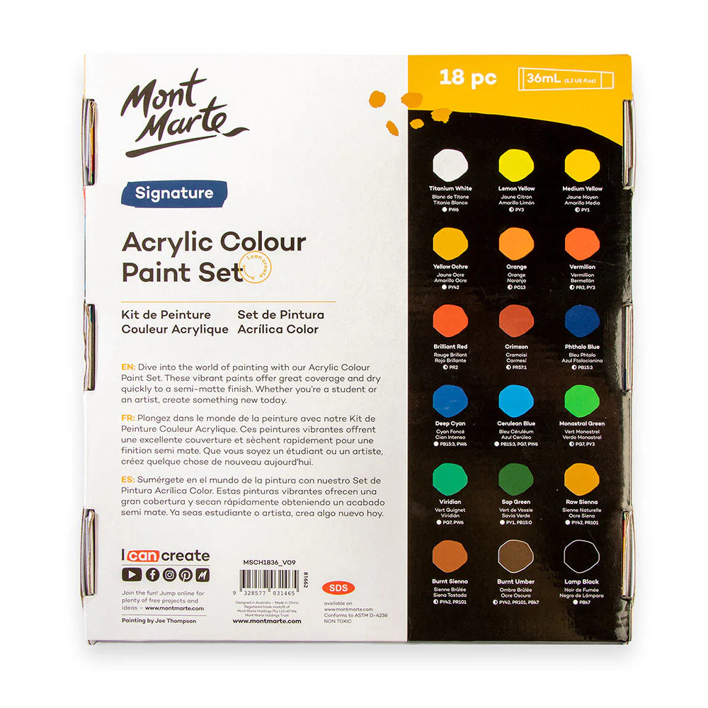 MONT MARTE, Acrylic Colour Paint Set - Signature | 18pc | 36ml.