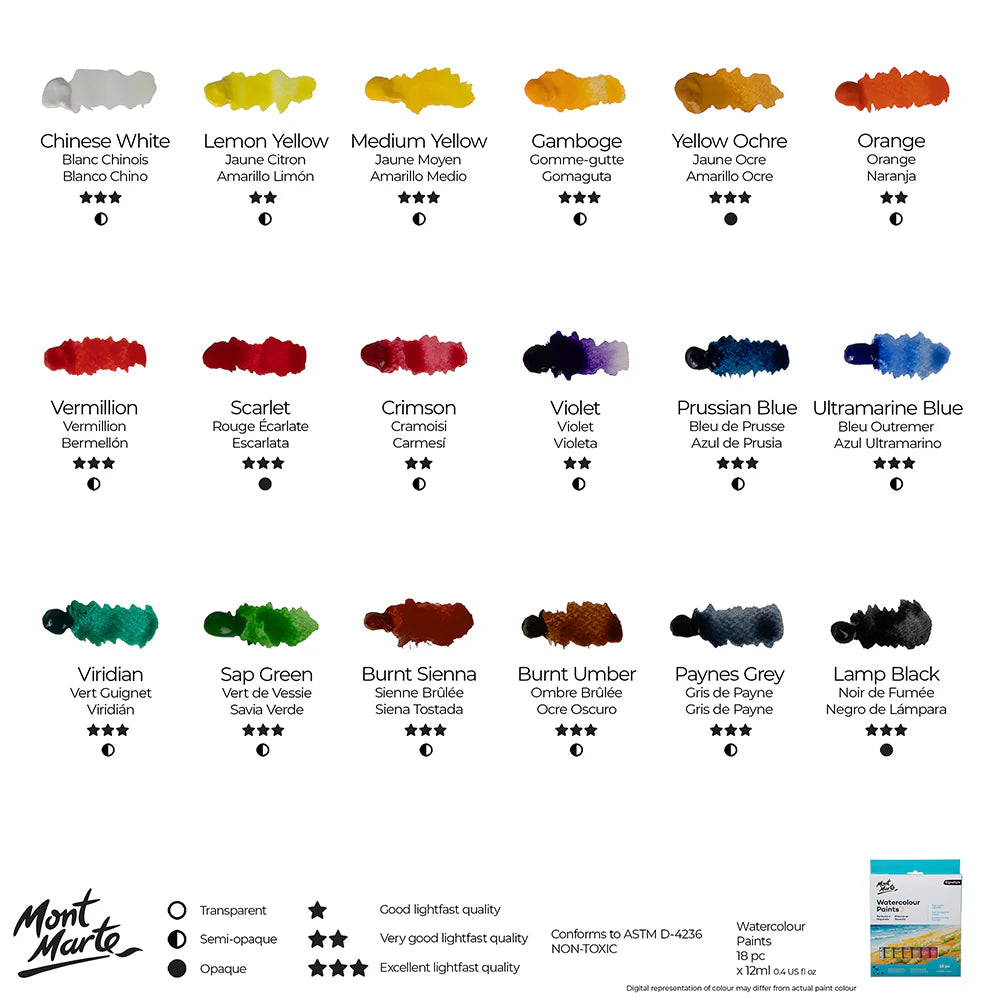 MONT MARTE, Watercolour Paints - Signature | 18pc | 12ml.