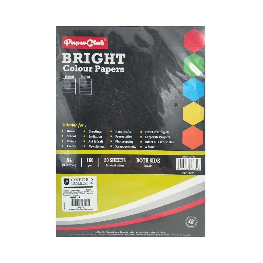 PAPERCLUB, Colour Paper - BRIGHT | A4 | 20 Sheet | 160 gsm | Set of 5.