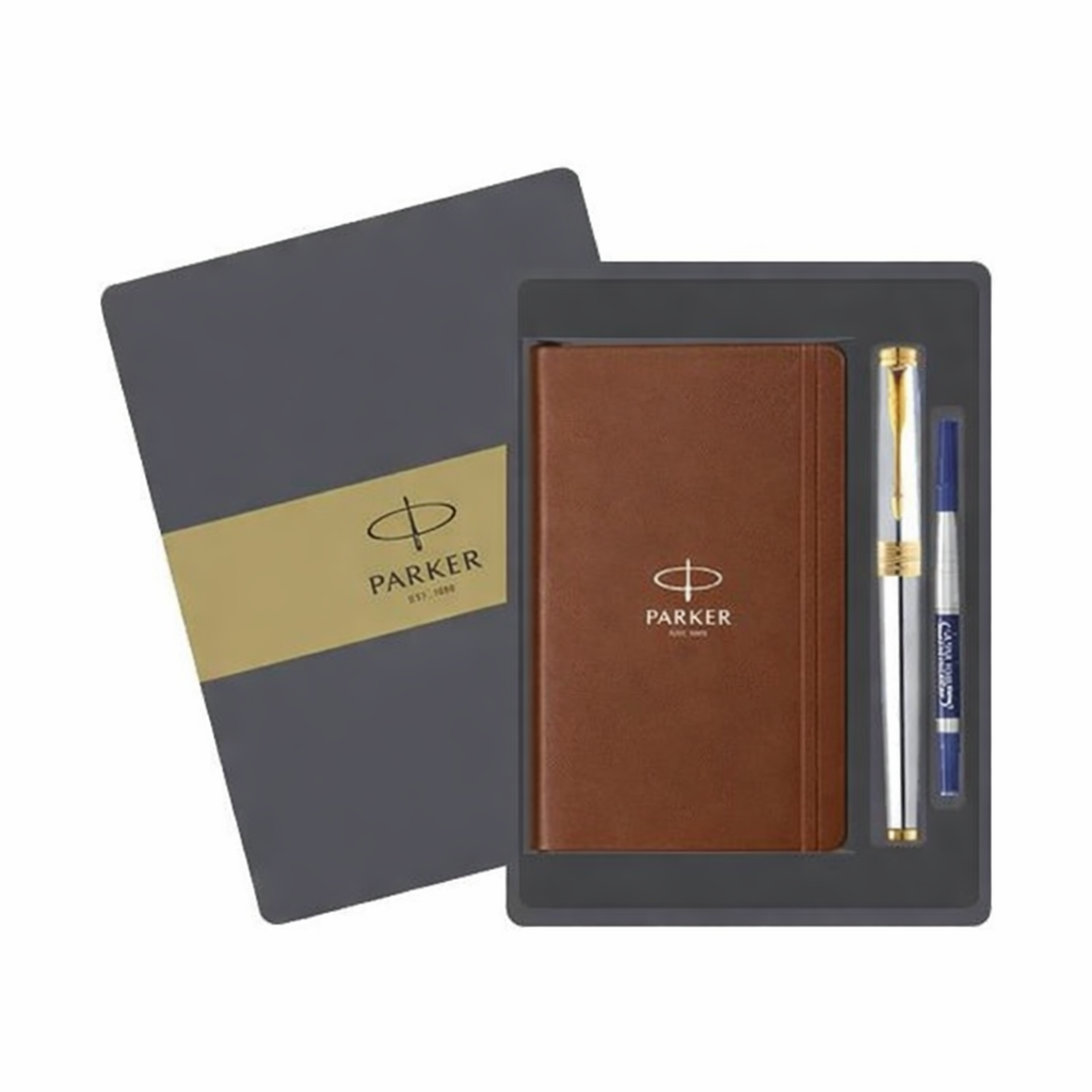 PARKER,  Gift Set - Rollerball Pen + Notebook | ASTER | Shiny Chrome | Gold Trim.