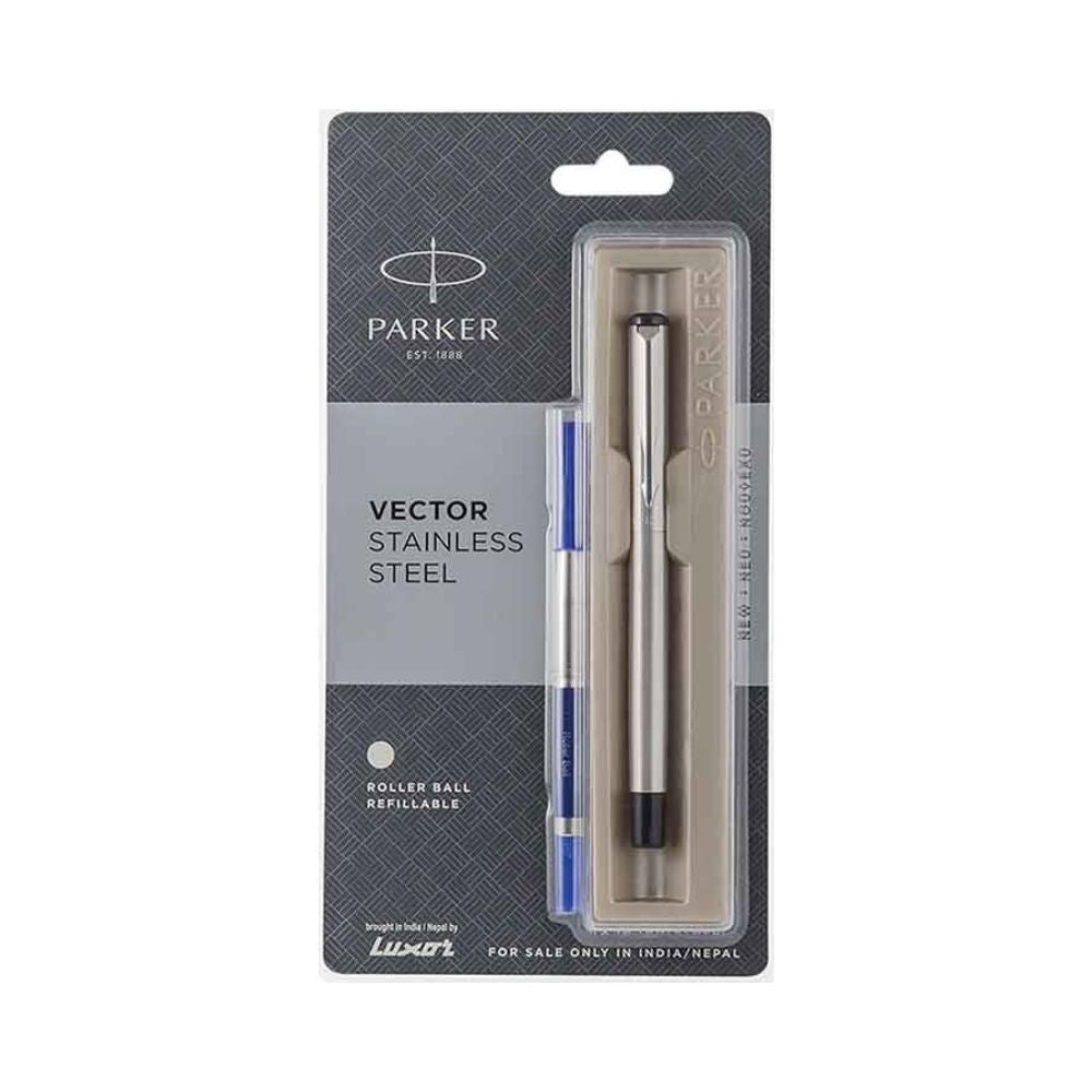 PARKER, Rollerball Pen - VECTOR Stainless Steel | Chrome Trim | Ultra Fine.