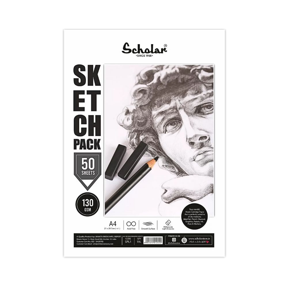 SCHOLAR, Drawing Sheets - CARTRIDGE PAPER | Sketch Pack | 50 Sheets | 130 gsm.