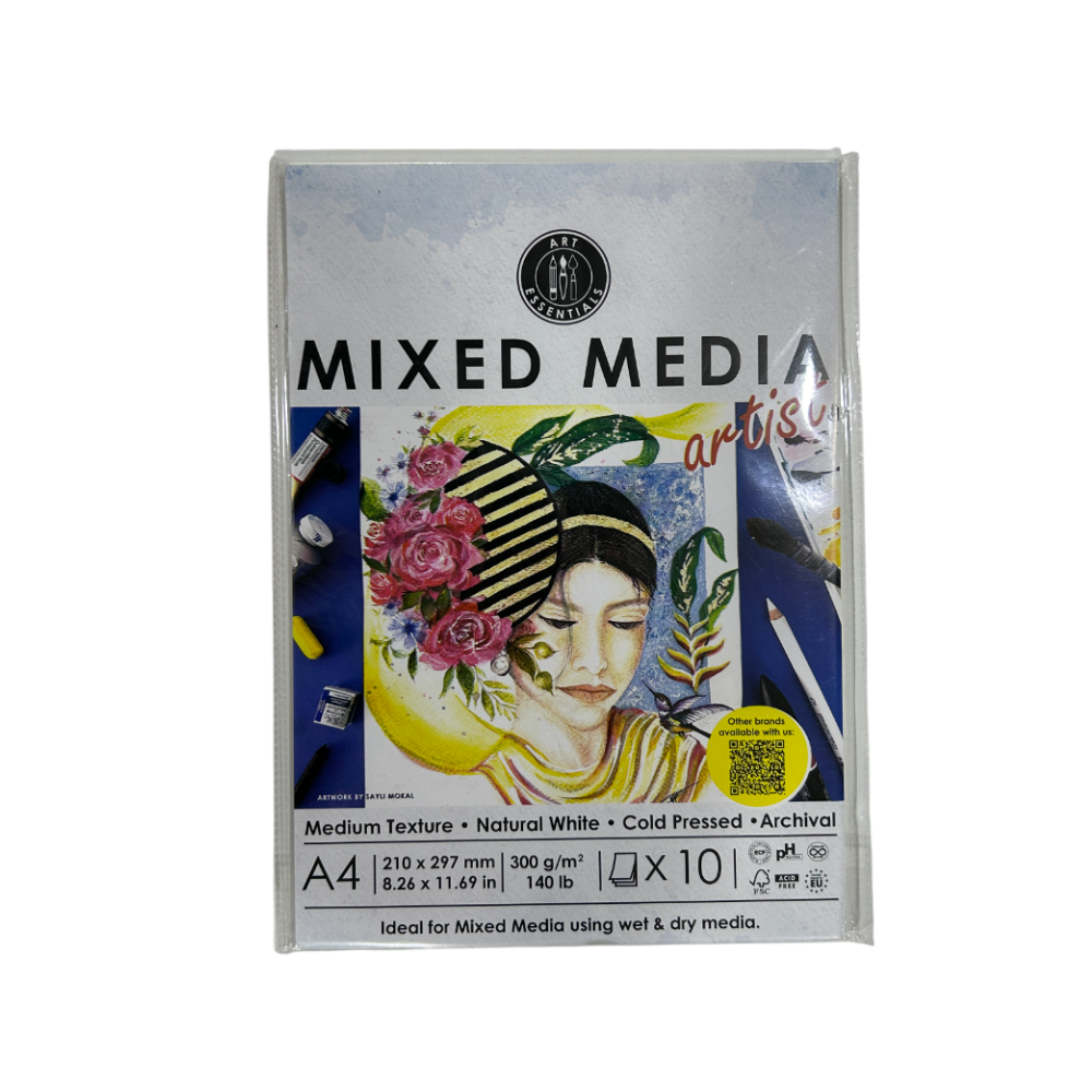 ART ESSENTIALS, Mixed Media - A4 | 10 Sheets | Cold Pressed | Natural White | 300 gsm.