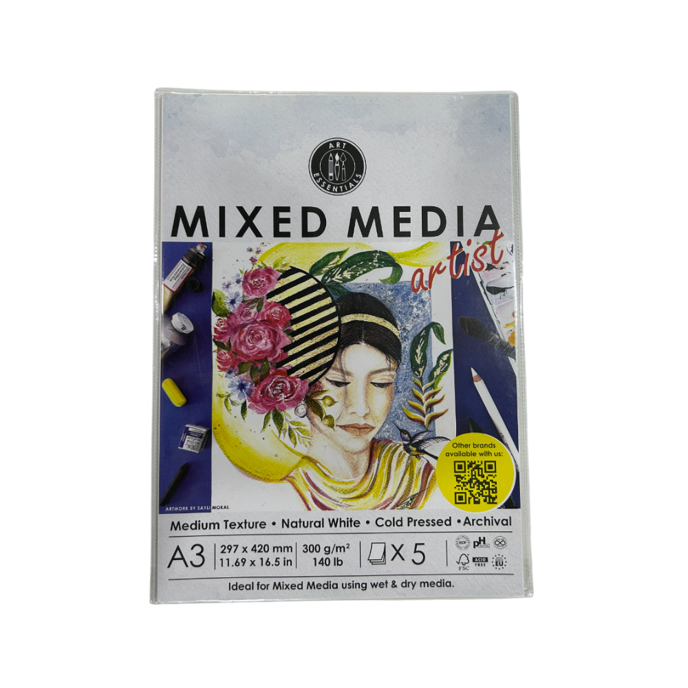 ART ESSENTIALS, Mixed Media - A3 | 5 Sheets | Cold Pressed | Natural White | 300 gsm.