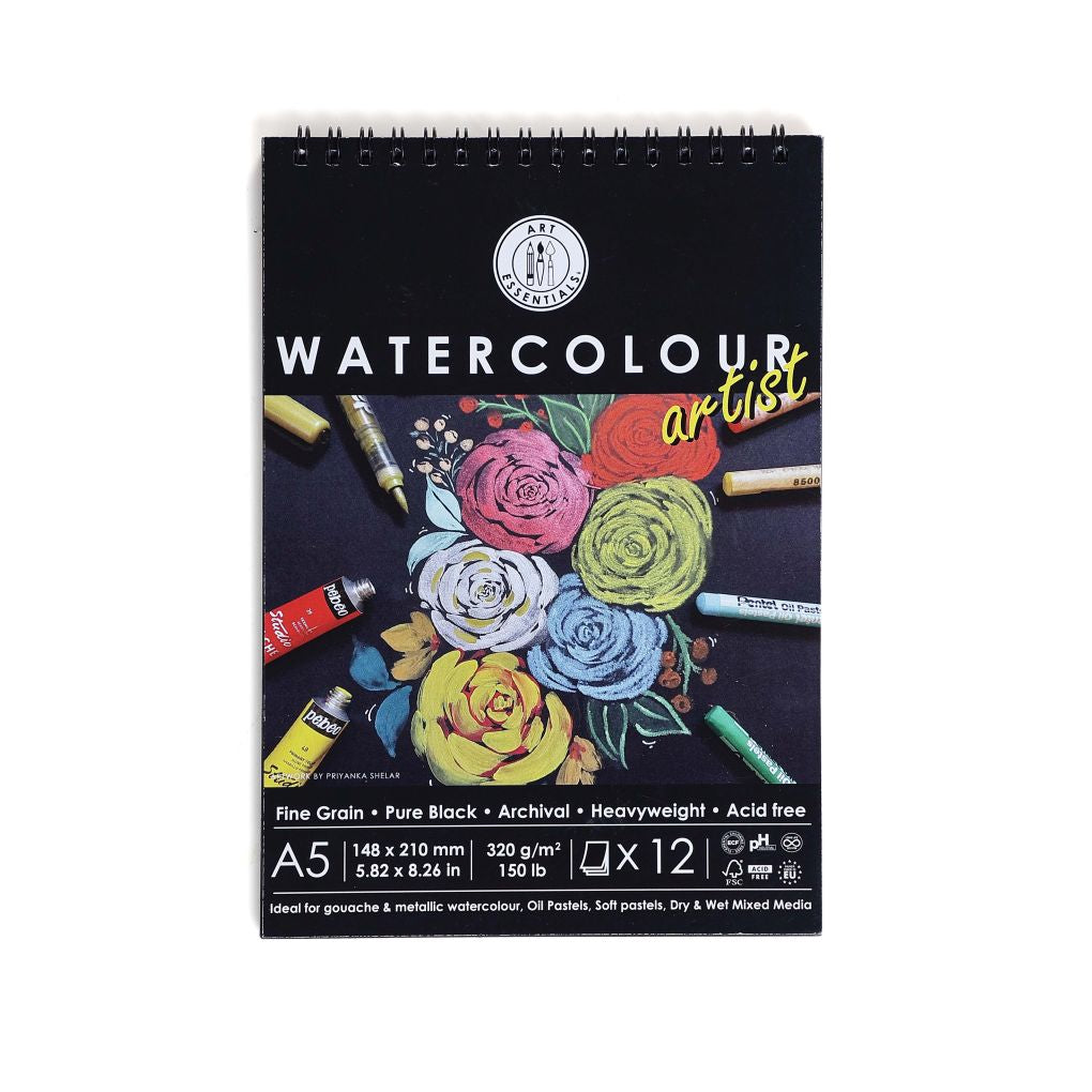 ART ESSENTIALS, Watercolour Pad - 12 Sheets | Black Paper | 320 gsm.