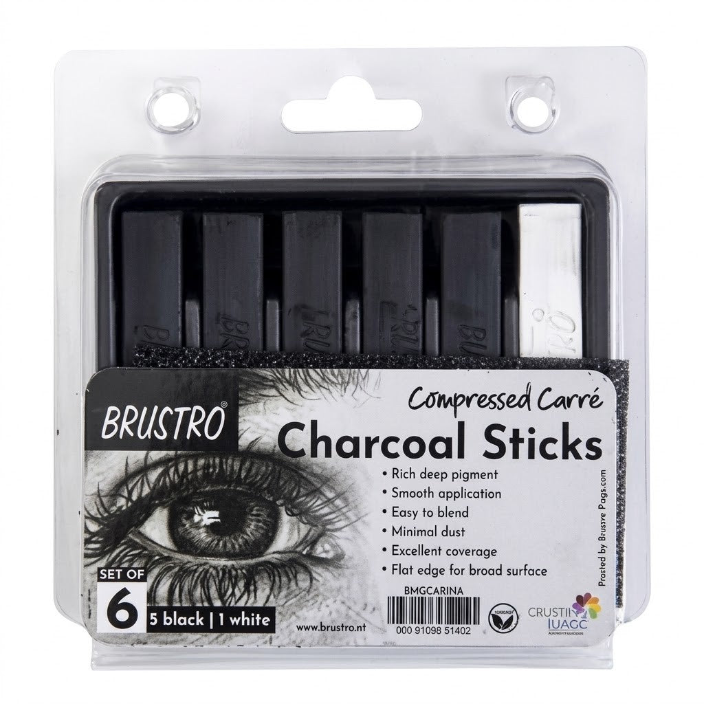 BRUSTRO, Charcoal Stick - Compressed | 5 Black-1 White.