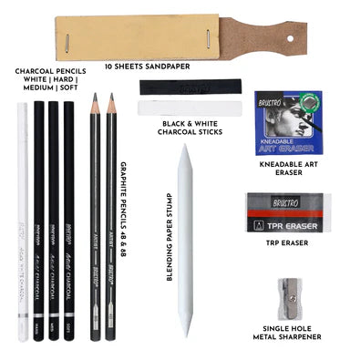 BRUSTRO, Black & White Charcoal Drawing Set | Set Of 13 .