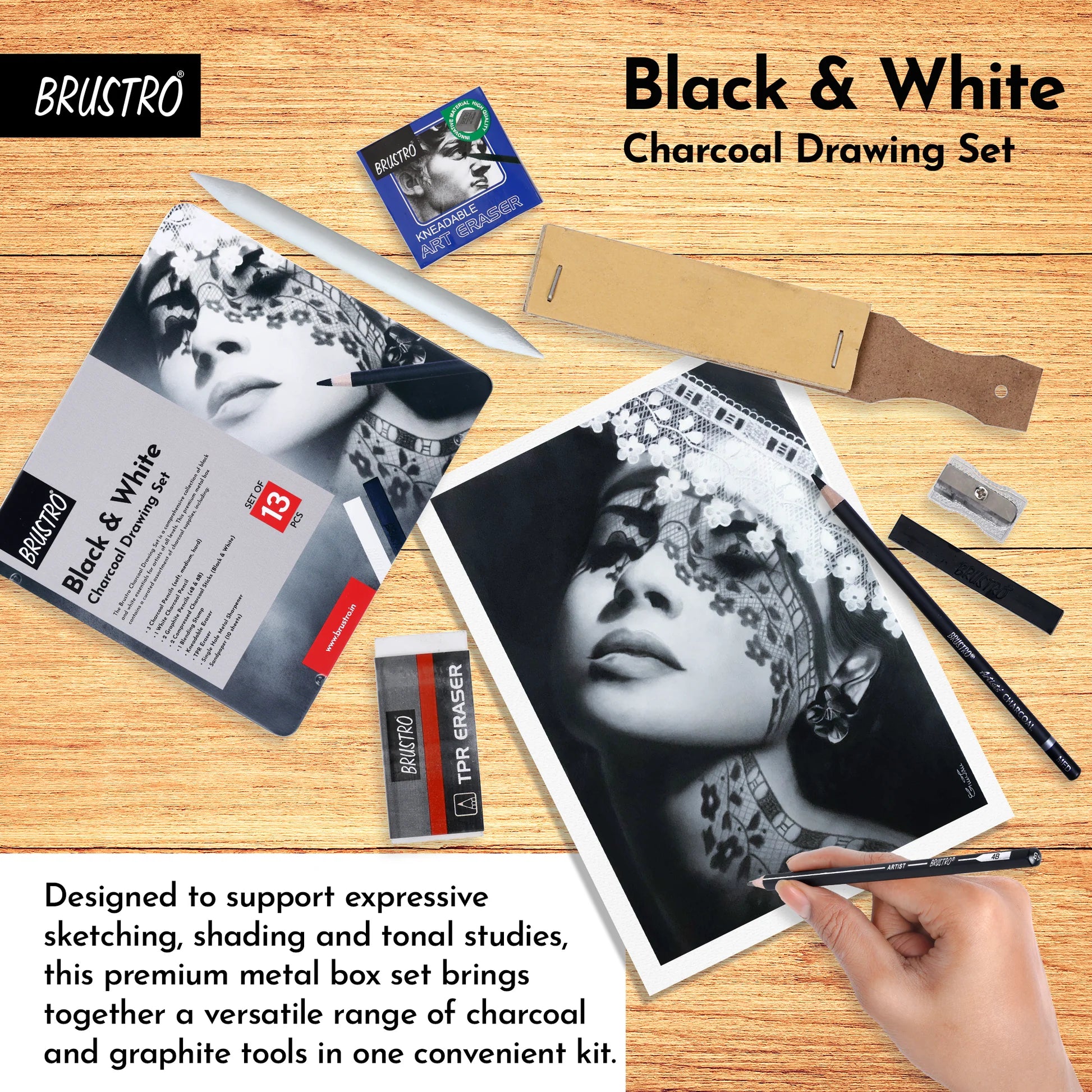 BRUSTRO, Black & White Charcoal Drawing Set | Set Of 13 .