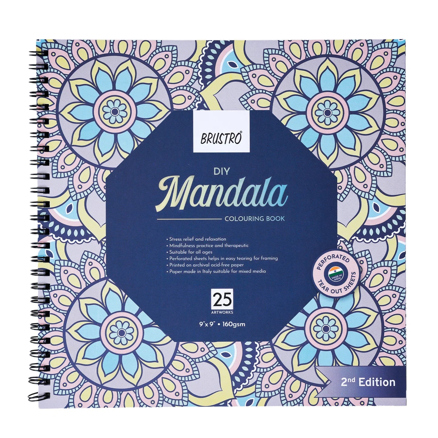 BRUSTRO, DIY Mandala Colouring Book | 9 x 9 | 160 gsm | 25 Sheet.