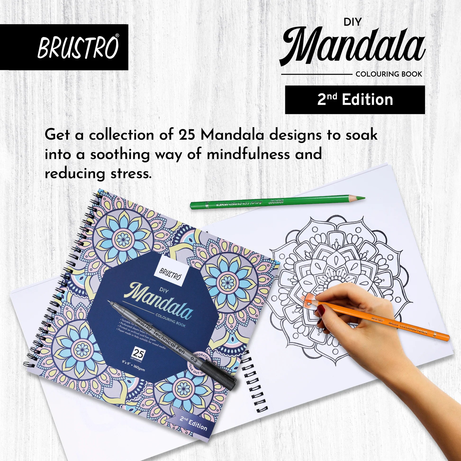 BRUSTRO, DIY Mandala Colouring Book | 9 x 9 | 160 gsm | 25 Sheet.
