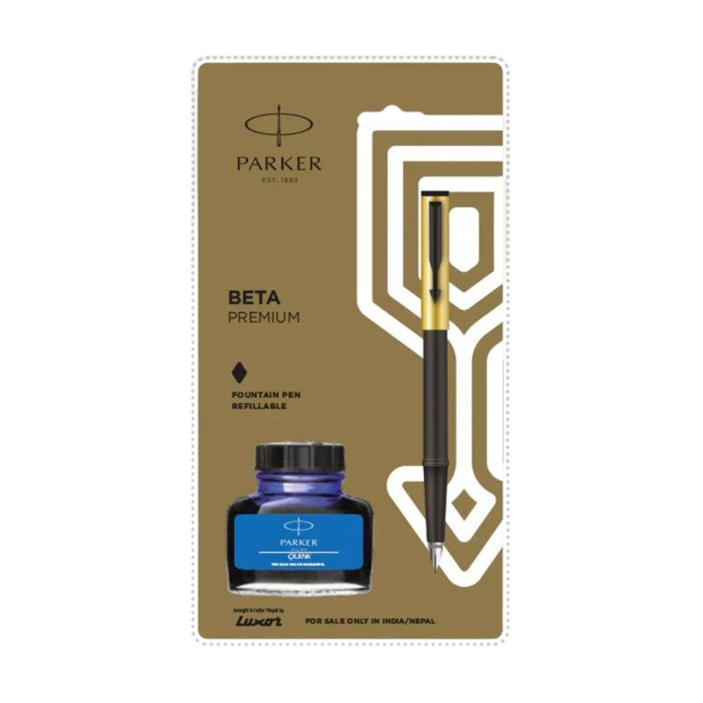 PARKER, Fountain Pen - BETA Premium | Black Trim | With Ink Bottle.