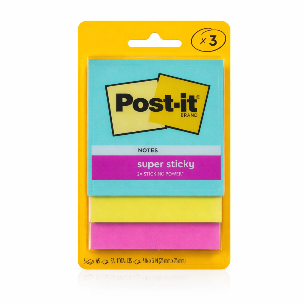 3M, Sticky Notes - Post It | 3 Colors | 135 Sheets | 3 x 3 Inch.