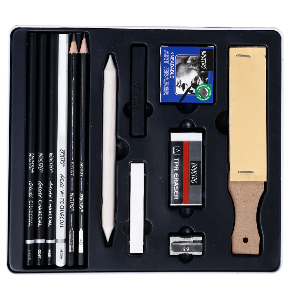 BRUSTRO, Black & White Charcoal Drawing Set | Set Of 13 .