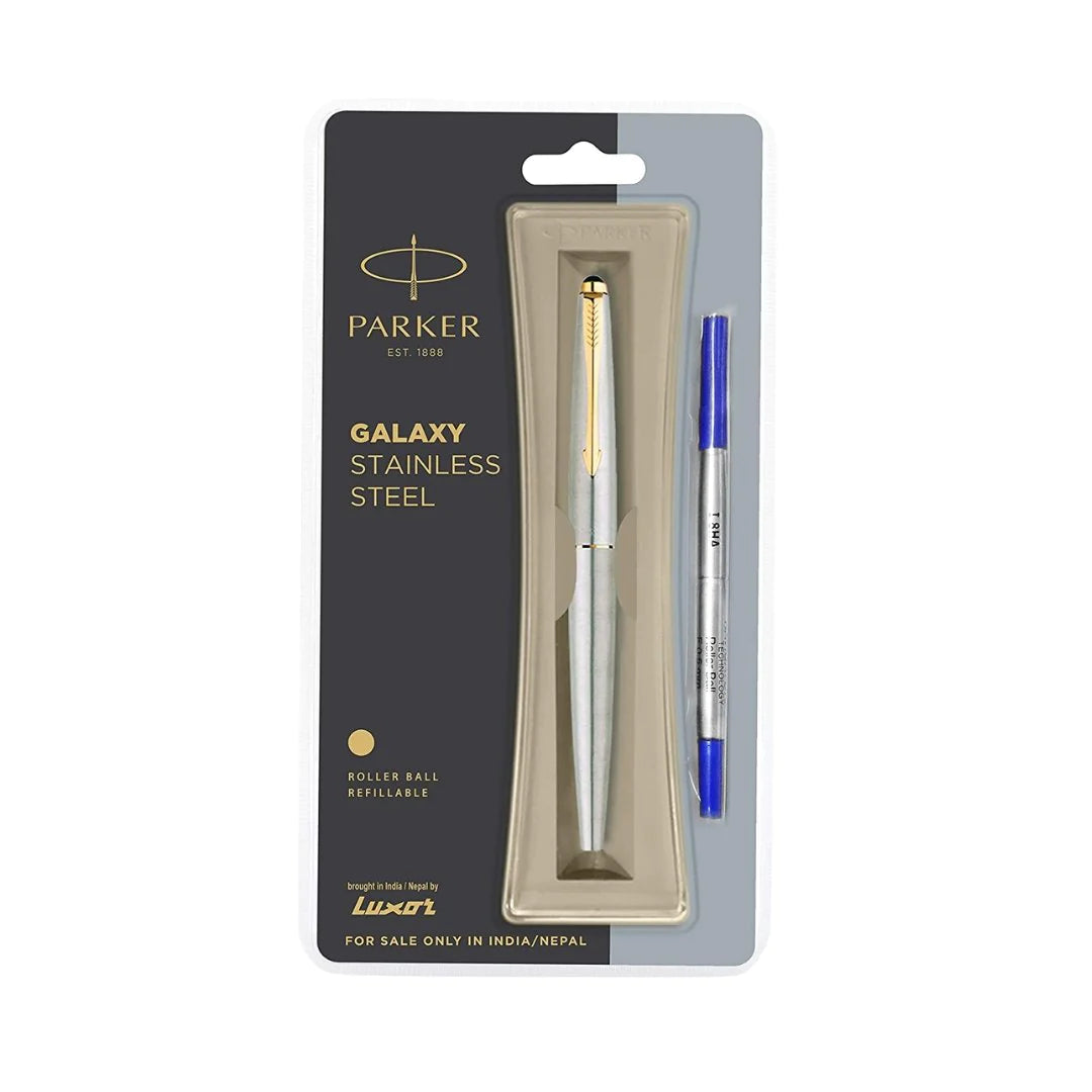 PARKER, Rollerball Pen - GALAXY Stainless Steel | Gold Trim | Ultra Fine.